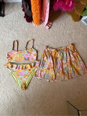 Floral 4-Piece Swim Set with Skirt - Yellow Pink Orange